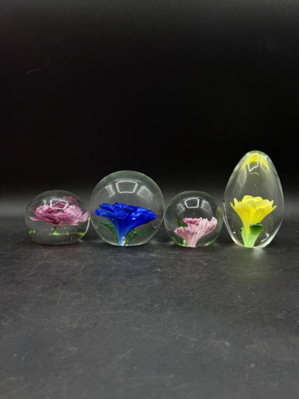 LOT 4 Art Glass Paperweights Yellow Blue Pink Flowers Mixed Sizes
